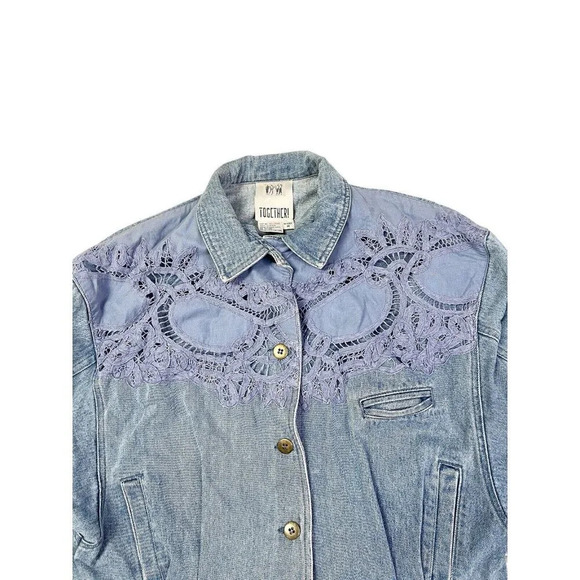 Vtg Denim Jacket Womens Medium Cropped Lace Boho Western 80s Rodeo Jean Boxy - Picture 2 of 15